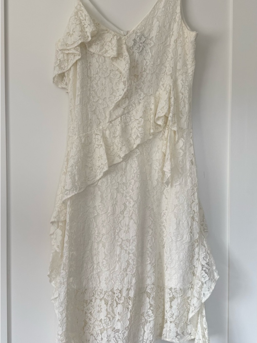 Taylor A-symmetric Ivory Lace Dress with cascading ruffled trim, size 12/14